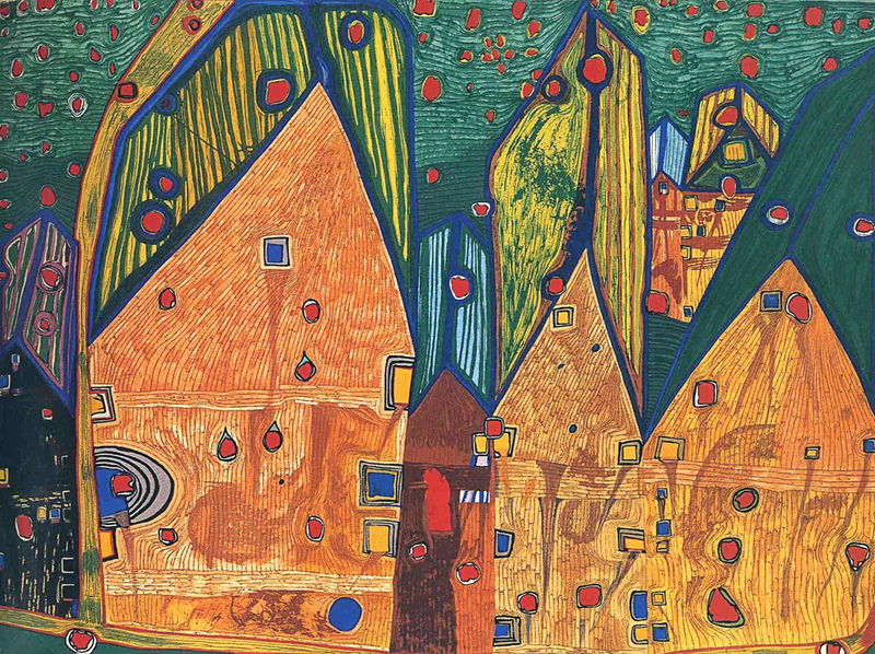 Фриденсрайх Хундертвассер. Дома под кровавым дождем. 1961. Ксилография. © NAMIDA AG, Glarus